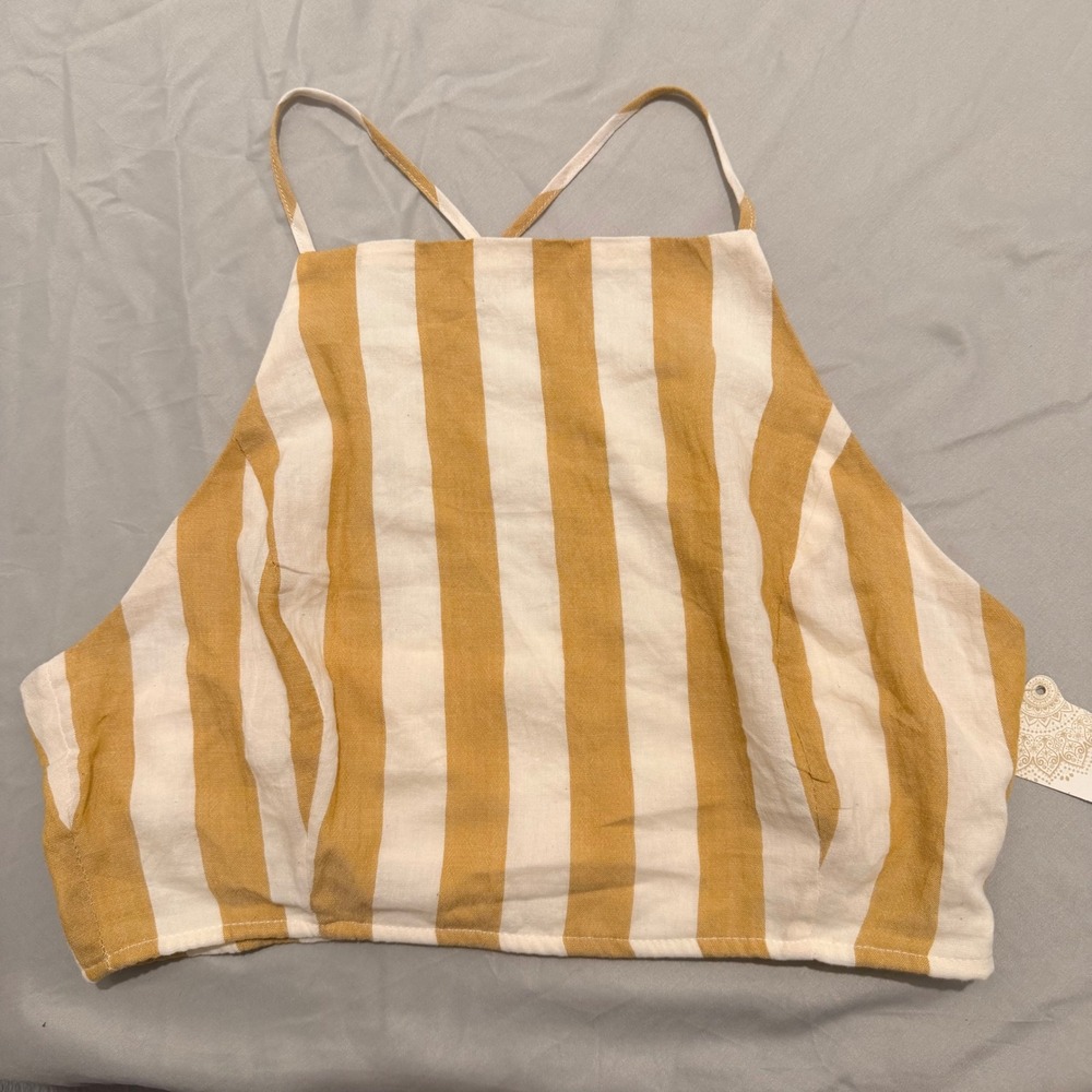 Altar'd‎ State Mustard Yellow White Striped Halter Crop Top 100% Cotton Large